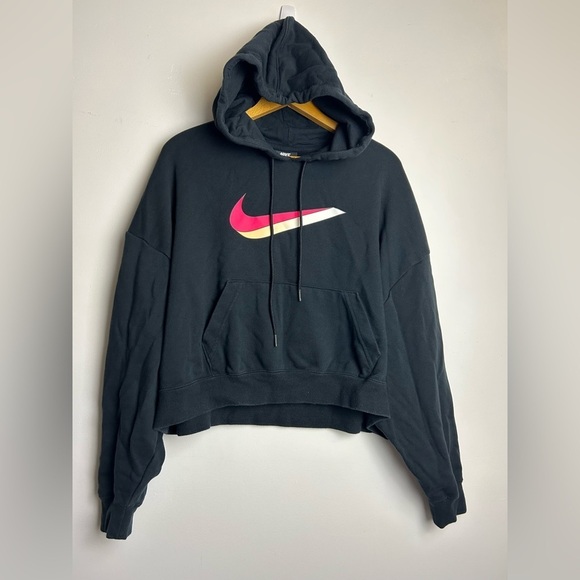 VTG Y2K Nike Women S Hodie Sweatshirt Crop Long Sleeve Black Center Swoosh Skate - Picture 1 of 16